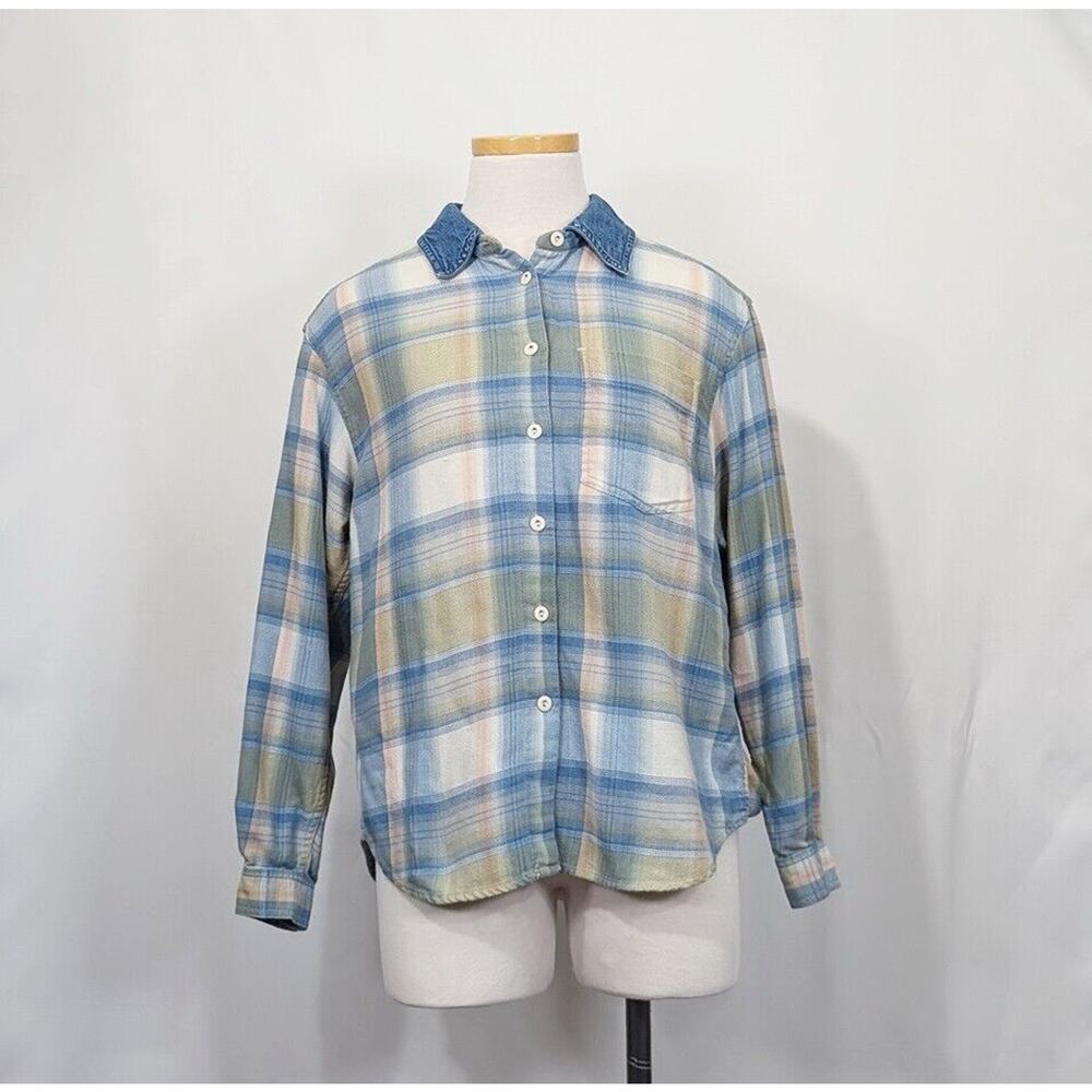 Vintage 90s Blouse Blue Flannel Plaid Denim Collar Women's Size Petite Small